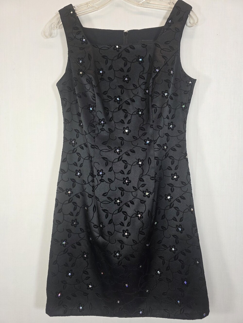 Vintage 90s City Triangles Black Floral Rhinestone Sheath Mini Dress Size 5/6